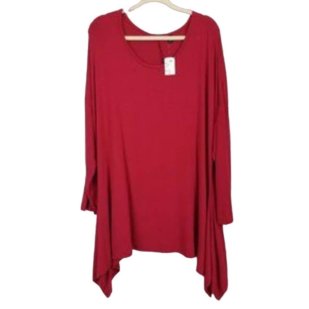 RDI Women Round Neck Stretch Tunic Top Size 2X Deep Red NWT Long Side Hem Detail